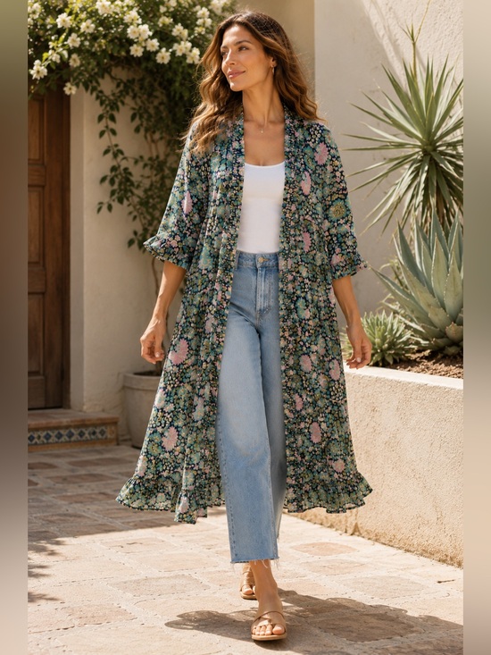 America & Beyond Tops - America & Beyond Floral Kimono Duster Ruffle Hem S/M
